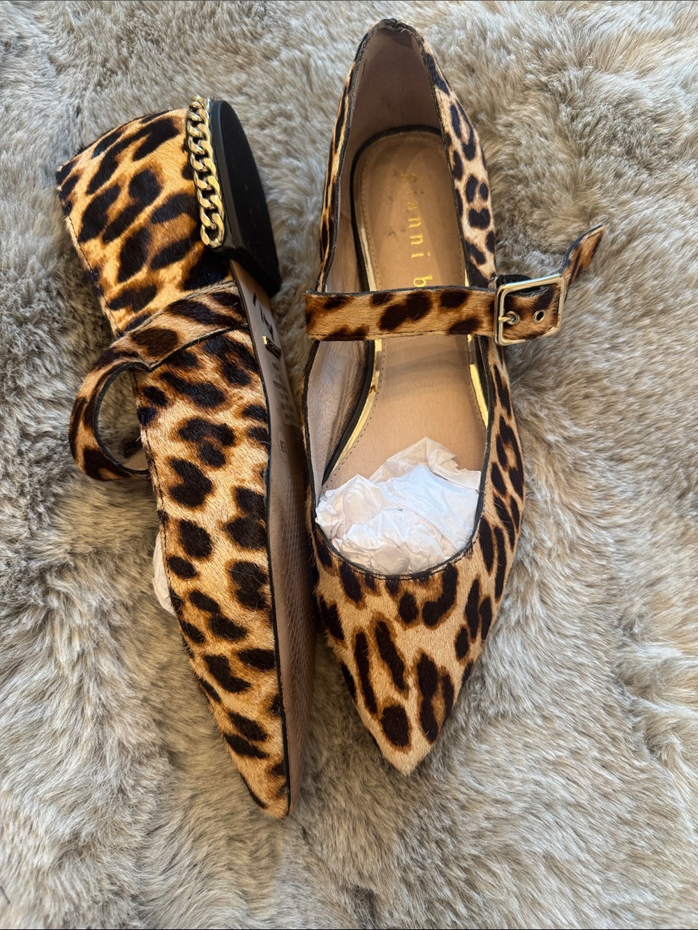 Gianni Bini Leopard Print Mary Jane Flats in Brown and Tan